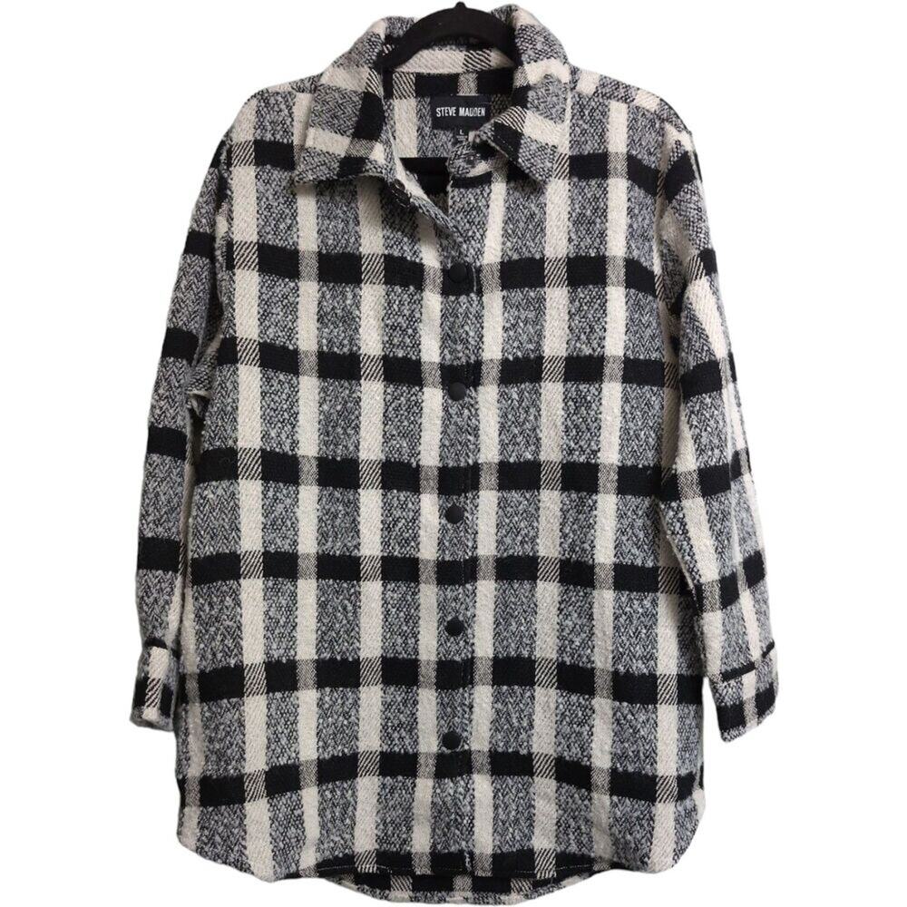 NWT Steve Madden Black Plaid Eldridge Shirt Jacket Oversized Button Collar Sz L